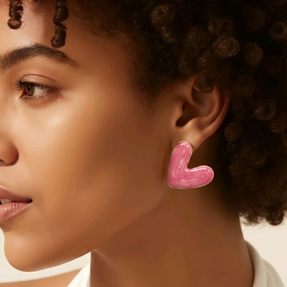 Gold Pink Swirl Heart Stud Earrings Stainless Steel Shimmer Statement Hearts